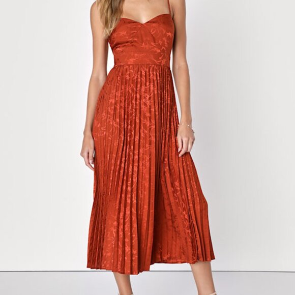 Lulus Regal Romance Rust Floral Jacquard Pleated Satin Midi Dress Orange - Picture 1 of 1